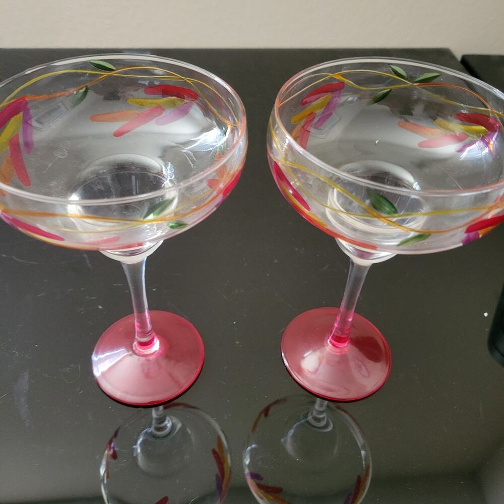 Margarita Glasses Etched Red Green Floral Leaf Design Hand Painted Nice Set of 2